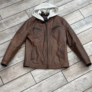 Buckle Black Brand - Brown Faux Leather Bomber Jacket with Cream Hood